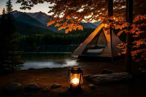 a tent and lantern by a lake at dusk. AI-Generated photo