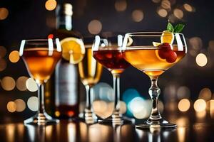 cocktails on a table with lights in the background. AI-Generated photo