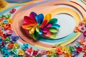 a colorful paper flower arrangement on a white surface. AI-Generated photo