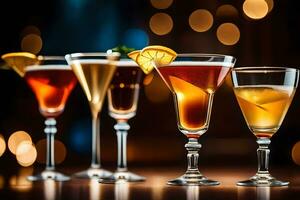 cocktails in glasses on a table with bokeh. AI-Generated photo