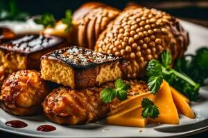 un plato de comida con queso, un pan y otro elementos. generado por ai foto