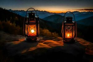 two lanterns on a mountain at sunset. AI-Generated photo