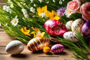 Pascua de Resurrección huevos en el césped. generado por ai foto