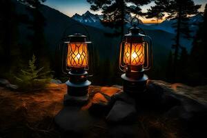 two lanterns on a rock in the mountains. AI-Generated photo