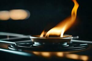 a close up of a gas stove with flames. AI-Generated photo