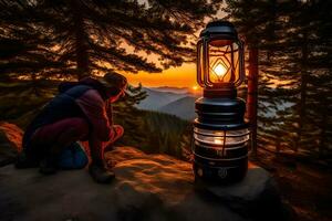 a man sitting on a rock near a lamp. AI-Generated photo