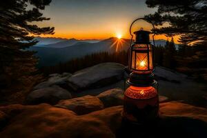 a lantern is lit on a rock in front of a mountain. AI-Generated photo