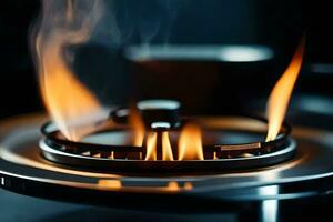 a close up of a gas stove with flames. AI-Generated photo