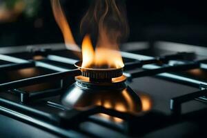 a gas stove with a flame burning on it. AI-Generated photo