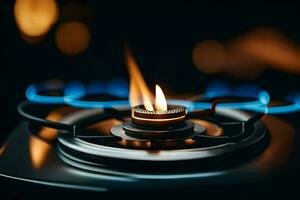 a gas stove with a lit flame. AI-Generated photo