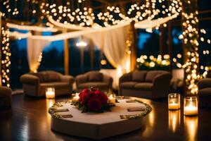 a wedding reception with candles and lights. AI-Generated photo