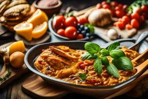 chicken and rice in a pan with vegetables and herbs. AI-Generated photo