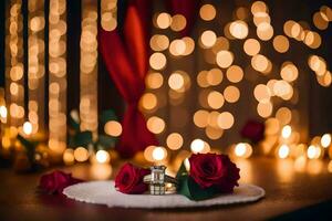 dos rojo rosas en un mesa con un anillo y un vela. generado por ai foto