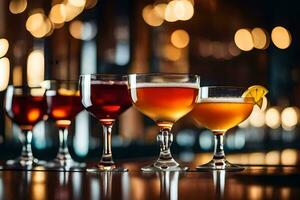 five different types of alcoholic drinks lined up on a bar. AI-Generated photo