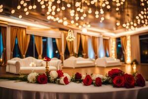 a wedding reception with red roses and white couches. AI-Generated photo