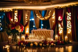 a wedding reception table with candles and flowers. AI-Generated photo