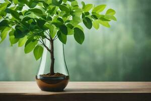 un pequeño planta en un florero en un mesa. generado por ai foto