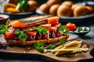 a sandwich with meat, vegetables and cheese on a cutting board. AI-Generated photo