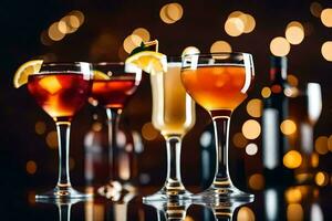 three glasses of different alcoholic drinks on a table. AI-Generated photo