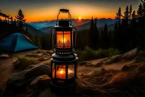 a lantern is lit on a mountain at sunset. AI-Generated photo