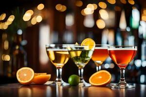 four glasses of different alcoholic drinks on a bar counter. AI-Generated photo