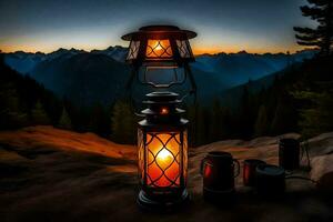a lantern lit up in the dark with mountains in the background. AI-Generated photo