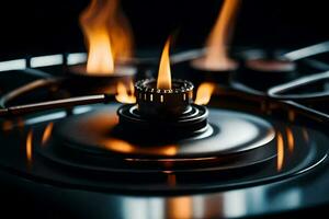 a close up of a gas stove with flames. AI-Generated photo