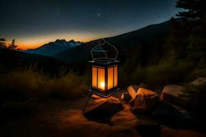 a lantern lit up in the dark on a mountain. AI-Generated photo