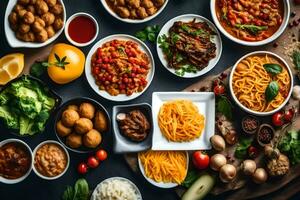 various types of food in bowls on a table. AI-Generated photo