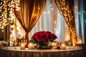 a table with red roses and candles on it. AI-Generated photo