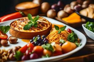 food on a plate with cheese, vegetables and fruit. AI-Generated photo