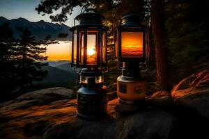 two lanterns on a rock in front of a sunset. AI-Generated photo