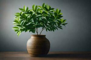 a plant in a brown vase on a table. AI-Generated photo