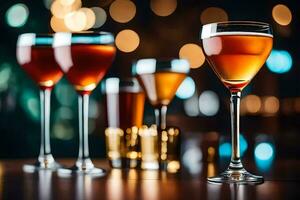 four glasses of alcohol on a table with bokeh lights. AI-Generated photo