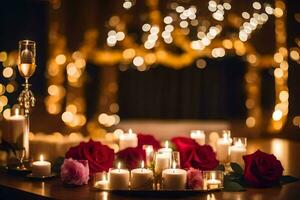 velas y rosas en un mesa con bokeh luces. generado por ai foto