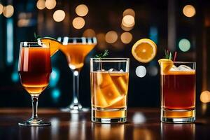 three different types of alcoholic drinks on a table. AI-Generated photo