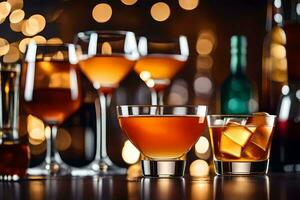 a variety of alcoholic drinks on a table. AI-Generated photo