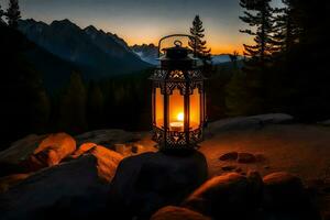 a lantern lit up in the mountains at sunset. AI-Generated photo