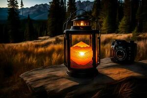 a lantern sits on a log in the middle of a forest. AI-Generated photo