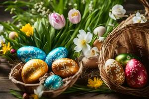 easter eggs in baskets on a wooden table. AI-Generated photo