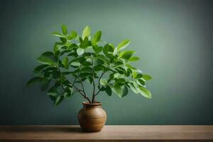 un pequeño planta en un marrón florero en un mesa. generado por ai foto