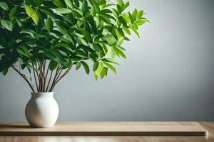 a white vase with green plants on a wooden table. AI-Generated photo