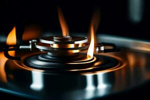 a close up of a gas stove with flames. AI-Generated photo