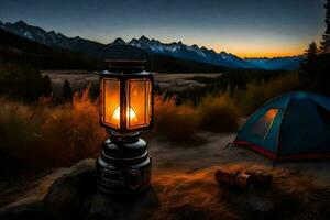 the lantern is lit up in the middle of the night. AI-Generated photo