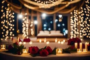 un romántico Boda ceremonia con velas y rosas. generado por ai foto