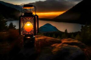 a lantern is lit up on a mountain overlooking a lake. AI-Generated photo