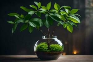 a small plant in a glass vase on a table. AI-Generated photo