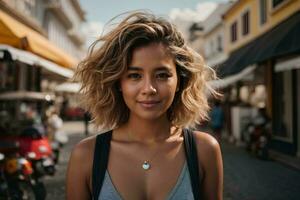 joven mujer explorador ciudad monumentos durante vacaciones ai generativo foto