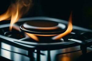 a close up of a gas stove with flames. AI-Generated photo