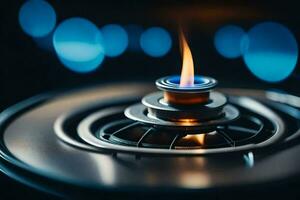 a close up of a gas burner with blue lights. AI-Generated photo